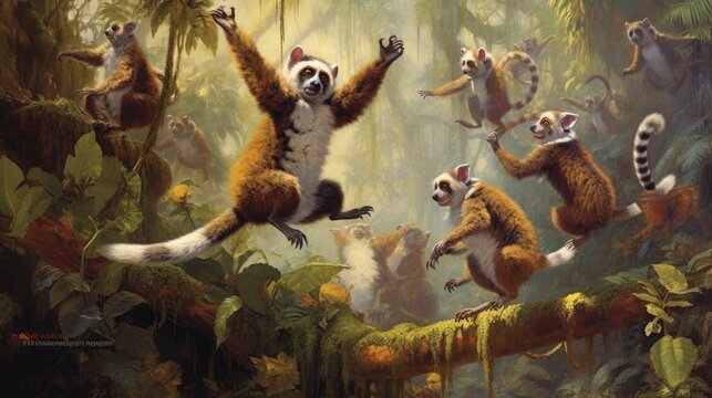 A group of lemurs leaping through the jungle. AI generated