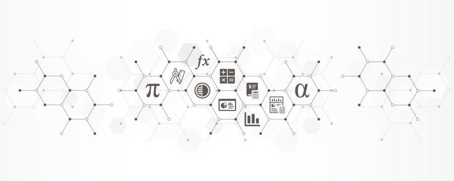 Mathematics, algebra, geometry banner vector illustration with the website icons and symbol of geometry, function, calculation, science, education, academic, science concept.