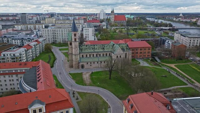 Drone shot of Kloster church (Klosterkirche) near Kunstmuseum Magdeburg - Kloster Unser Lieben Frauen (Kunstmuseum Magdeburg - Monastery Of Our Lady) Magdeburg, Germany