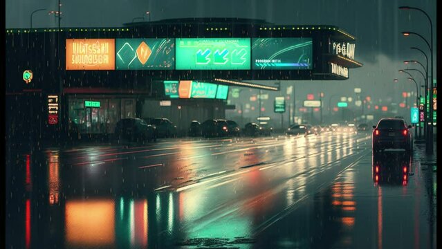 night city, street, after the rain, cyberpunk style, background for music, 4k