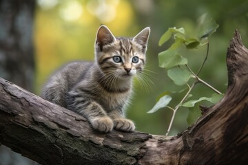 Naklejka na ściany i meble Kitten perched on a tree branch. Generative AI