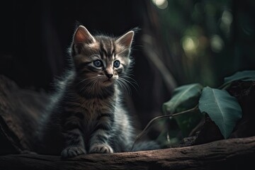 Naklejka na ściany i meble Kitten perched on a tree branch. Generative AI
