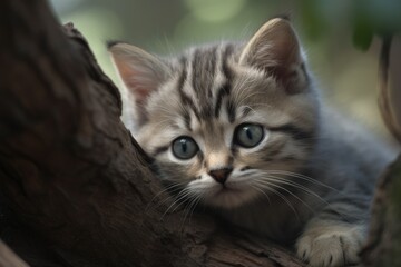 Fototapeta na wymiar Kitten perched on a tree branch. Generative AI