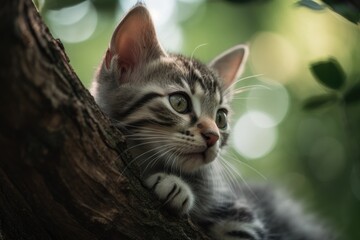 Fototapeta premium Kitten perched on a tree branch. Generative AI