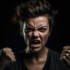 Enraged portrait of a woman in a studio backdrop with a furious expression and fists clenched in anger, generative ai
