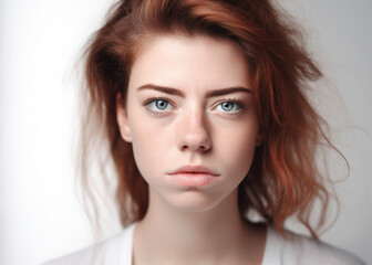 Fototapeta premium High-key studio portrait of a woman displaying a disappointed expression, surrounded by an ethereal, bright white background, generative ai