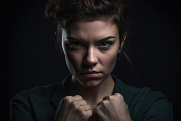 Obraz premium Intense portrait of a jealous woman in a studio setting with piercing eyes and tightly clenched fists, generative ai