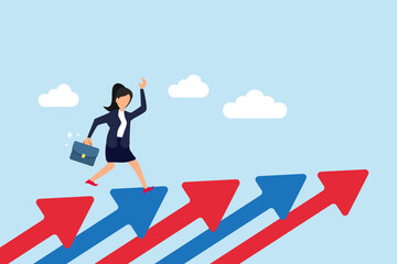 Career growth, growing business or leadership to overcome challenge, motivation to succeed, career development or ambition to success concept, confidence businesswoman walking up growth arrow stair.