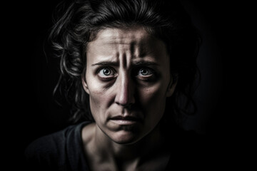 Fototapeta premium Intense portrait of a woman with a frightened look and a stark white background, emphasizing her emotions and inner turmoil, generative ai