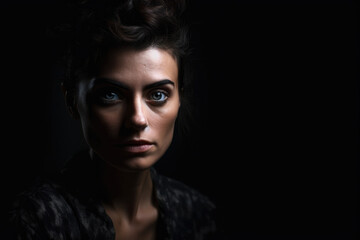Intense portrait of a woman with envious eyes and dark makeup, shot in a moody studio setting, generative ai