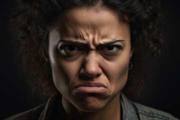 Fototapeta premium Irritated Woman with Furrowed Brow and Clenched Jaw, Expressing Frustration, generative ai