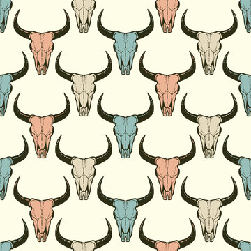 Pastel Colorful Vintage Cowboy Cow Skull Seamless Vector Repeat Pattern