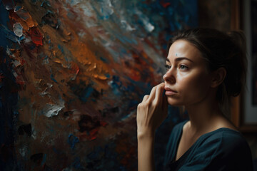 Obraz premium Melancholy Woman with a Half-Finished Painting, Reflecting on Unfulfilled Dreams, generative ai