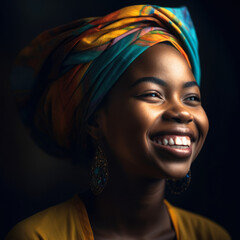 Mesmerizing portrait of a woman with an enchanting smile and open eyes, exuding gratitude and thankfulness, captured in a studio with dramatic lighting and bold colors, generative ai