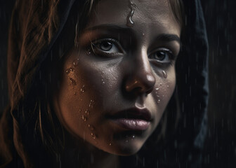 Melancholy Woman with Softly Falling Raindrops Reflecting Her Inner Turmoil, generative ai