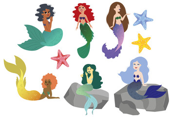 Set of Illustrations of cute mermaids. mermaids of different colors sea ​​stars