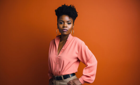 Portrait Of A Confident Woman With A Proud Expression, Standing Tall With Her Hands On Her Hips, Against A Bold, Colorful Studio Background, Generative Ai