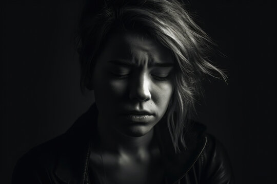 Portrait of a heartbroken woman captured in a dramatic and moody black and white image in a minimalist studio setting, generative ai