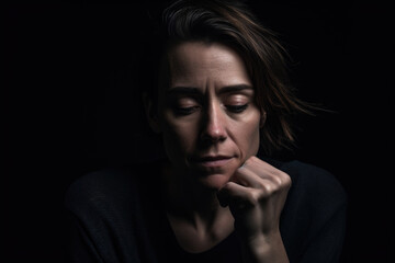 Portrait of a woman in a moment of emotional exhaustion, against a dark, moody studio background, generative ai