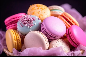 Fototapeta na wymiar Set french cookies macaroon, pastel colors macaron dessert, sweet tasty cakes. Generative AI
