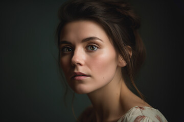 Fototapeta premium Portrait of a woman showing a sense of vulnerability and softness, with a light, airy studio background, generative ai