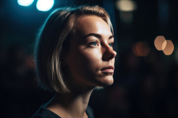 Portrait of a woman with a captivated, impressed expression, watching a captivating performance, against a dramatic, stage-like studio background, generative ai