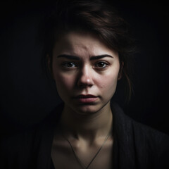 Fototapeta premium Portrait of a woman with downcast eyes, displaying an expression of shame, against a somber, dark studio background, generative ai