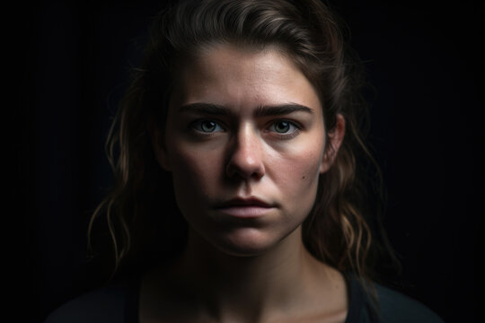 Portrait of a woman with a worried frown, displaying a pessimistic expression, against a dark, moody studio background, generative ai