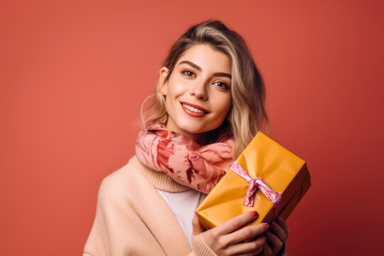 Portrait of a woman with an impressed smile, holding a beautifully wrapped gift, set against a festive, colorful studio background, generative ai