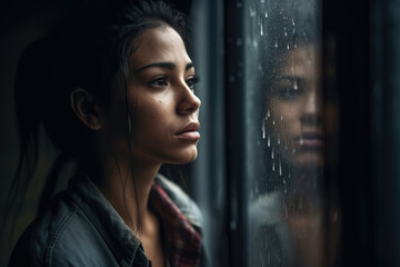Solitary Woman Staring Out a Rain-Splattered Window, Lost in Thought, generative ai