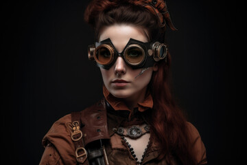 Steampunk Inspired Woman Wearing Goggles and Victorian Attire, generative ai
