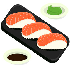 Flat vector design illustration of Japanese salmon nigiri sushi. Isolated Asian food