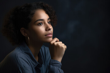 Thoughtful Woman Captured in a Contemplative Moment on Studio Background, generative ai