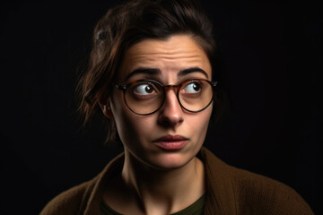 Fototapeta na wymiar Woman wearing eyeglasses with a comical look of confusion on her face, staring blankly at a simple studio background, generative ai