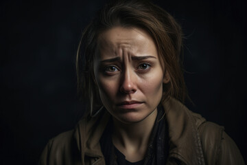 Fototapeta premium Woman Showcasing Genuine Sadness in a Studio Portrait, generative ai