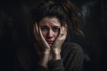 Woman with an embarrassed expression, holding her head in her hands, set against a moody, textured studio background, generative ai - obrazy, fototapety, plakaty