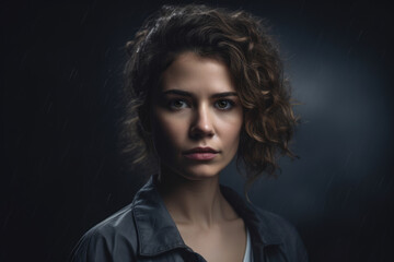 A Portrait of a woman with a pessimistic expression, surrounded by a stormy cloud, against a dramatic, weather-inspired studio background, generative ai