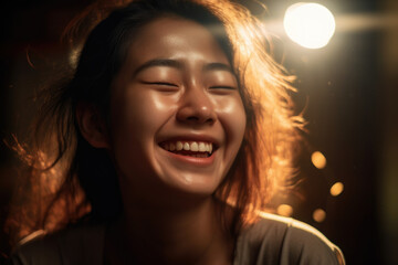 Young woman laughing heartily, surrounded by warm, glowing light, as if enveloped in a loving embrace, generative ai