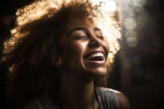 Young woman laughing heartily, surrounded by warm, glowing light, as if enveloped in a loving embrace, generative ai