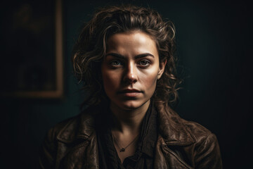 Captivating portrait of a woman with a deep and complex emotional expression captured in a studio with dark tones and a textured background, generative ai