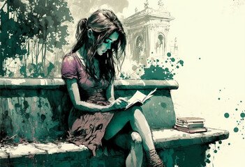 Serene Moments: Watercolor Sketch of a Girl Engrossed in a Book, Seated on a Bench in a Quaint Village Setting. Generative AI