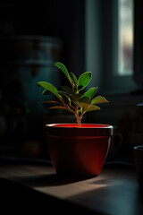 A small green plant in ceramic pot on dark background. Illustration of growing mint plant in green pot. 3D realistic illustration. Generative AI