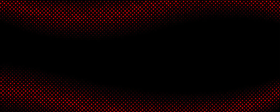 Red halftone wave gradient texture. Retro dotted wallpaper. Comic pop art style checkered frame texture. Wave pattern on black background for banner, flyer, poster, presentation. Vector backdrop.