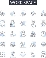 Work space line icons collection. Exploration, Uncovering, Revelation, Innovation, Surprise, Invention, Trailblazing vector and linear illustration. Insight,Foresight,Breakthrough outline signs set