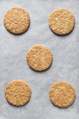 Top view of oat cookies, homemade oatmeal cookies, Top view of thin oat biscuits