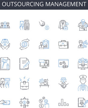 Outsourcing management line icons collection. Visibility, Recognition, Perception, Familiarity, Attention, Exposure, Trust vector and linear illustration. Distinction,Presence,Image outline signs set