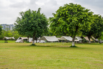 Camping tents on green grass in the park