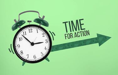 Business Concept time to action. Green alarm clock on a green background with green arrow