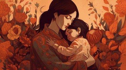Mother and Child Illustration with Nature Background - Celebrating Mother's Love and Mother's Day. Created with Generative AI technology