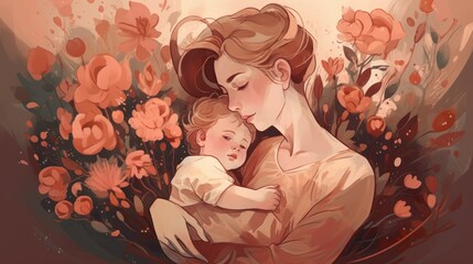 Mother smiling with her daughter, illustration with floreal Background - Celebrating Mother's Day. Created with Generative AI technology